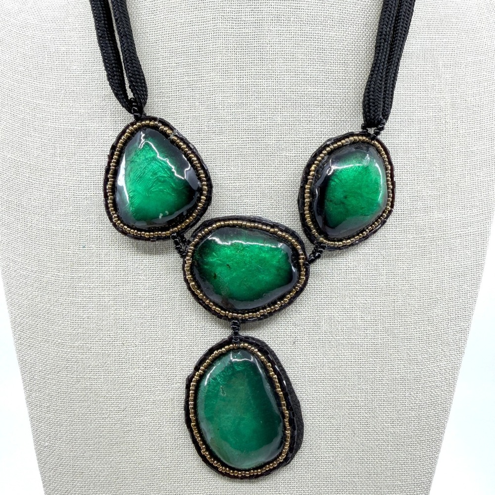 Bold Green Statement Bib Necklace Beaded Gothic Boho Chunky Black Cord Y2K Gift